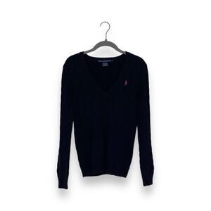 Ralph Lauren Sport Black V Neck Cable Knit Long Sleeve Sweater